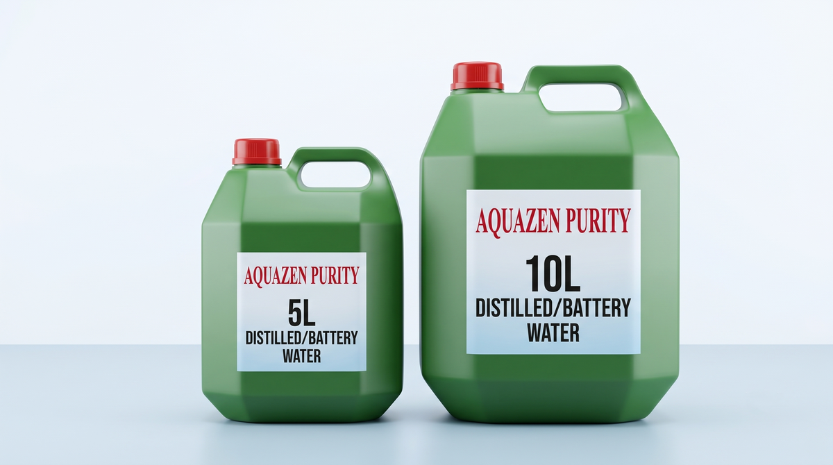 AquaZen Purity 5L and 10L Distilled Battery Water Jerrycans